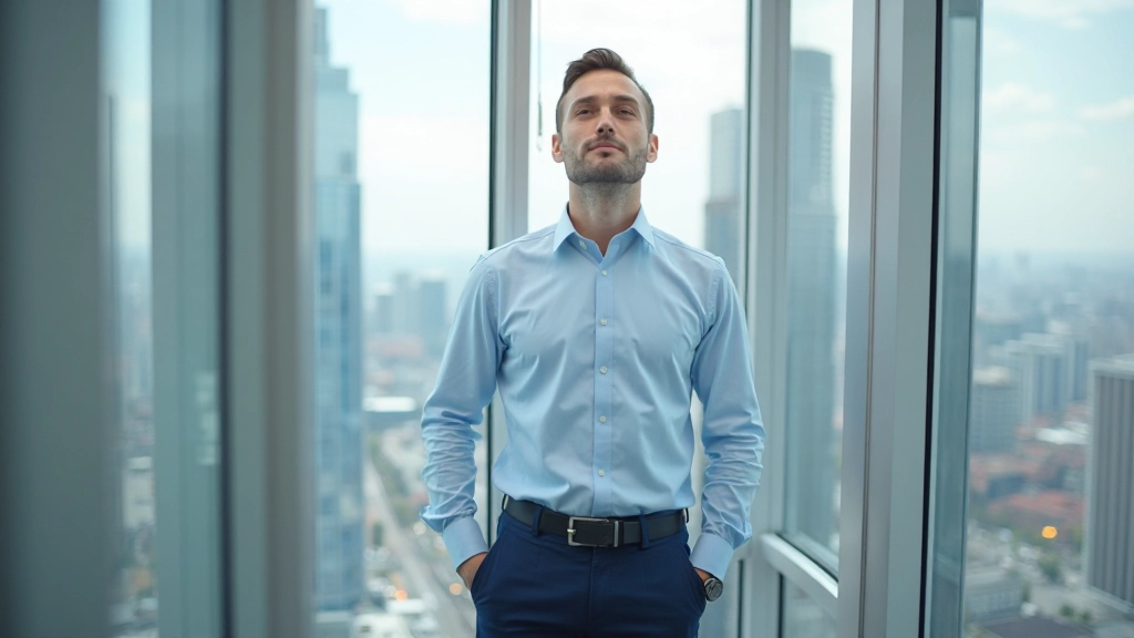 Профессионал отдыхает в офисе, смотря в окно во время перерыва