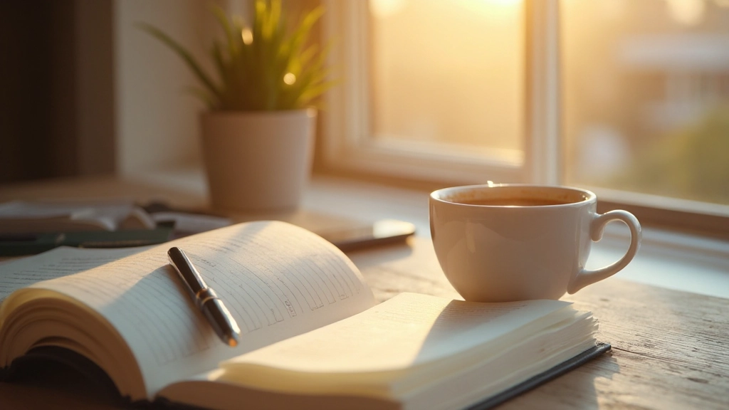 Утренняя рутина с чашкой кофе и планировщиком на столе