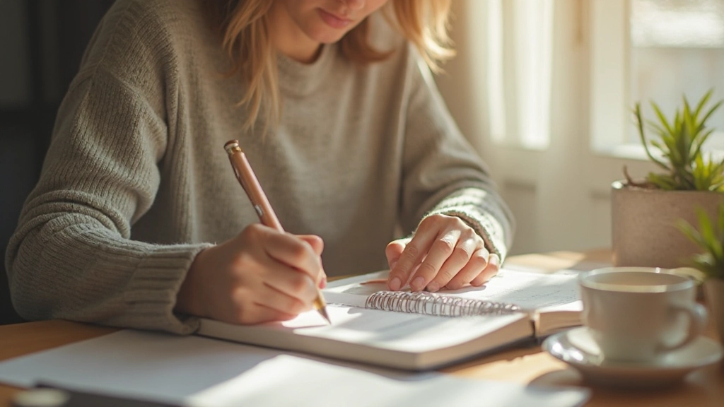 Утренняя рутина с планированием и чашкой кофе на столе
