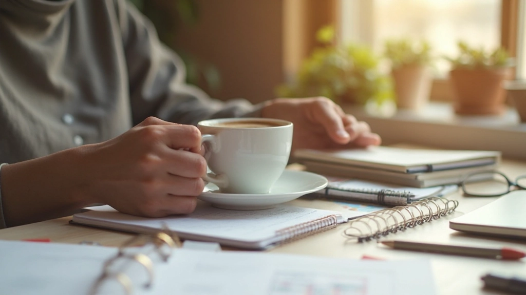 Утренняя рутина с планированием и чашкой кофе на столе
